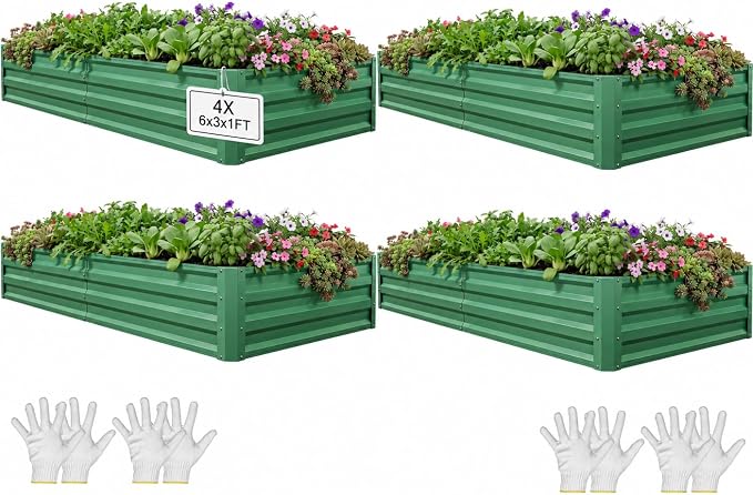YITAHOME 4pcs 6x3x1ft Galvanized Raised Garden Bed, Metal Planter Box with Safety Rubber, Gloves, Outdoor Flower Bed for Planting Plants Vegetables, Green