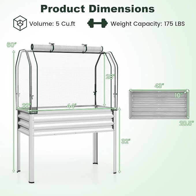 Giantex Raised Garden Bed with Legs & Greenhouse Cover, 44x22x60 Elevated Metal Planter Box with Roll-up Door, Outdoor Mini Greenhouse for Vegetable Flower Herb Patio Balcony (Silver,1)