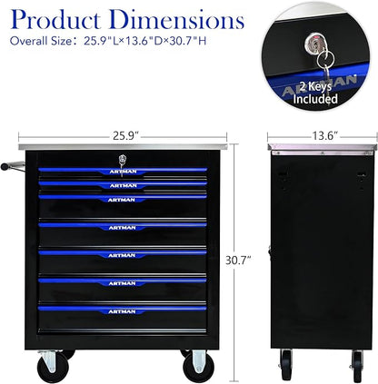 7-Drawer Rolling Tool Chest, Lockable Stainless Top for Garage, Black&Blue | Heavy Duty Modular Roll Around Tool Cabinet with Drawers for Workshop and Tool Box Storage