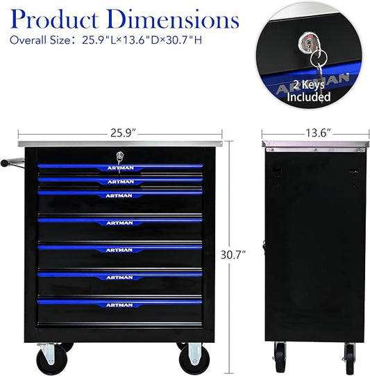 7-Drawer Rolling Tool Chest, Lockable Stainless Top for Garage, Black&Blue | Heavy Duty Modular Roll Around Tool Cabinet with Drawers for Workshop and Tool Box Storage