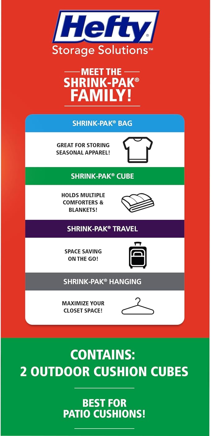 Shrink-Pak Hefty Outdoor Cushion Storage Cube 2-Pack | Patio Cushion Storage Bag Set with Vacuum Valve, Heavy Duty Outdoor Cushion Storage Bags Set for Patio Furniture