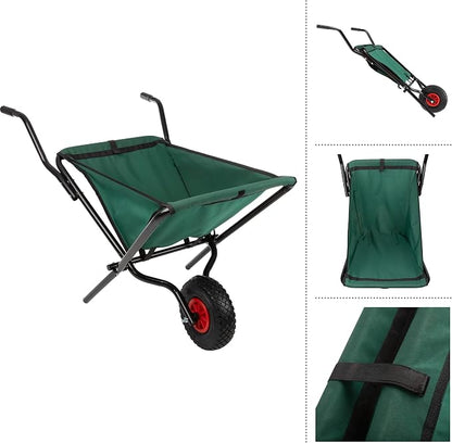 Folding Wheelbarrow - Collapsible Garden Cart with 80lb Capacity, Storage Pouches, and Padded Handles - Wheelbarrows for Lawn Care by Pure Garden (Green)