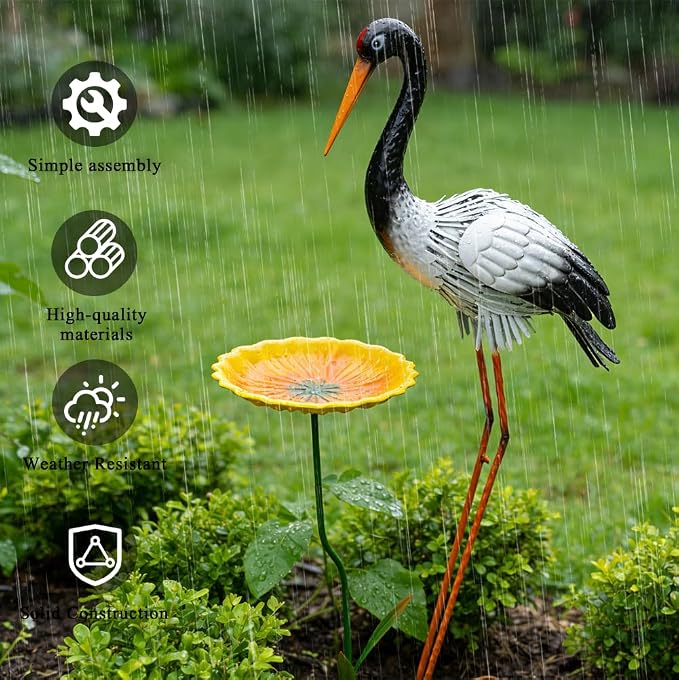 Large Heron Garden Statue for Outside,39" Crane Outdoor Statues with Leaf Tray,Metal Yard Art for Porch Backyard Patio Lawn Decor（Black+White）