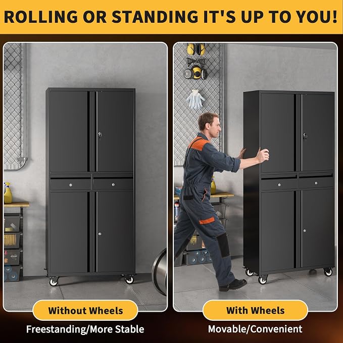 71" Black Metal Storage Cabinet with Wheel, Garage Storage with 2 Drawers + 2 Adjustable Shelves, Heavy Duty Tool Cabinet with Locking Doors for School, Workshop, Office, Black
