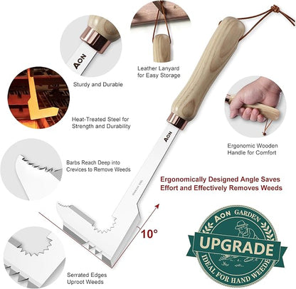 AON 2-Pack Crack Weeder & Root Remover Tool Set for Patios and Gardens | Heat-Treated, Rust-Resistant Steel Resists Bending and Breaking, Ergonomic Ash Wood Handles Offer a Comfortable Grip