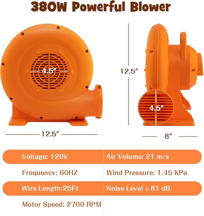 Costzon Air Blower, 380W 0.5HP Bounce House Blower with 25 FT SJTW Wire & Stakes, IPX4 Air Blower for Inflatables, ETL, GFCI Plug, Perfect for Inflatable Bouncer Blower, Jumper, Bouncy Castle Orange
