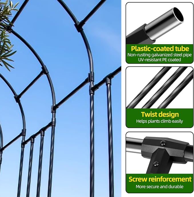 BUKLIYN Garden Arch Trellis - Length: 98.5in, Height: 94.5in Garden Trellis for Climbing Plants Outdoor - Garden Arch for Lawn, Party, Ceremony Wedding Decoration (Black)