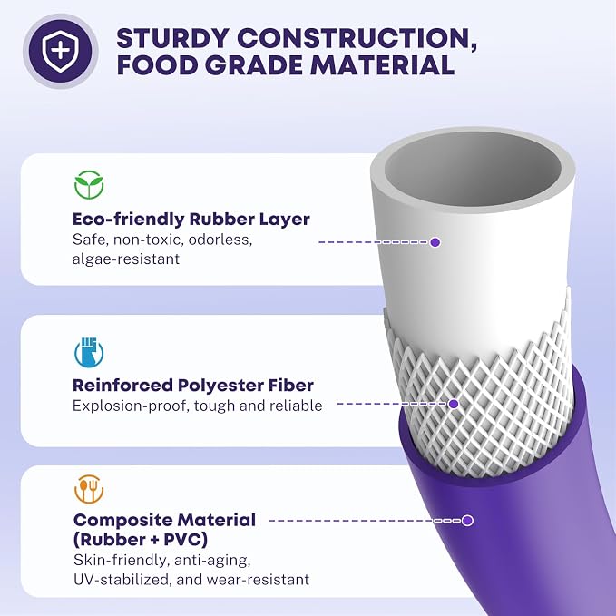 Kohree 25FT RV Water Hose with Storage Bag, 5/8'' Premium Drinking Water Hose, Leak-free, No Odor, Anti-Kink and Flexible Garden Hose for RV, Camper, Truck, Car - Purple