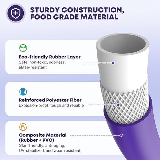 Kohree 25FT RV Water Hose with Storage Bag, 5/8'' Premium Drinking Water Hose, Leak-free, No Odor, Anti-Kink and Flexible Garden Hose for RV, Camper, Truck, Car - Purple