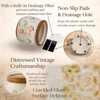 Vintage Ceramic Flower Pot - Indoor Outdoor Planters with Drainage Holes & Filter Screen, 9’’ Large Rustic Farmhouse Decorative Plant Pots for Garden/Patio/Balcony (Daisy Bouquets, Large)