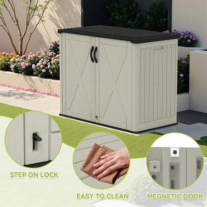 Devoko 26 Cu Ft Plastic Outdoor Storage Cabinet, Beige | Horizontal Resin Storage Shed with Lockable Door, Water-Resistant Backyard Storage Box for Garden Patio, Shelf Not Included
