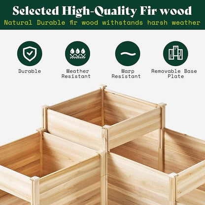 AMERLIFE 3-Tier Raised Garden Bed for Outdoor Gardening, Fir Wood Planter Box with Dividers, Tool-Free Assembly, Garden Box Perfect for Vegetables, Herbs, and Flowers