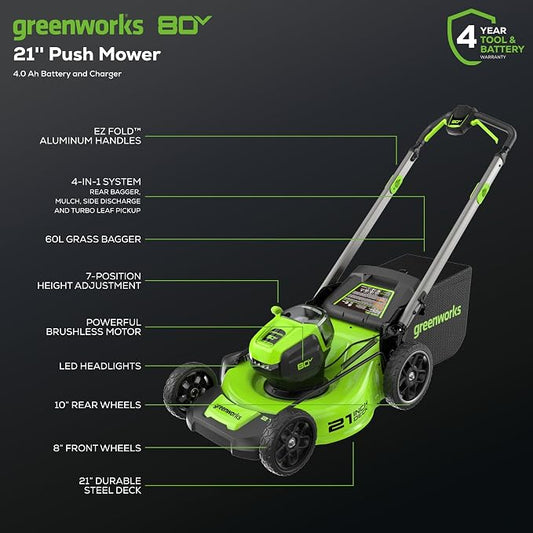 Greenworks 80V 21" Brushless Cordless (Push) Lawn Mower (LED Headlight + Aluminum Handles), 4.0Ah + 2.0Ah Battery and Rapid Charger Included (75+ Compatible Tools)