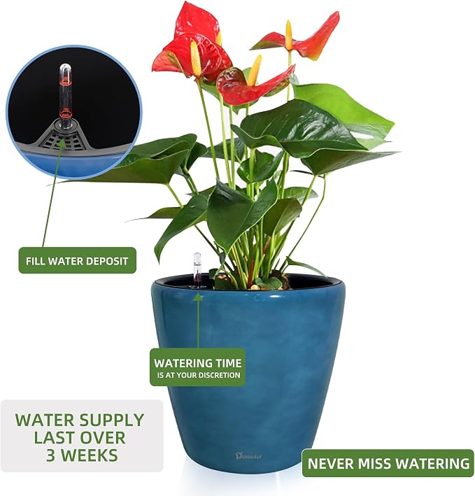 Dexceder 13x12 Self Watering Planter with Wheels (Peacock Blue Gradient) | Inner Pot Design, Thickened Large Floor Standing Flower Plant Pot with Water Level Indicator Indoor Outdoor