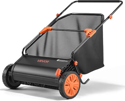 VEVOR Push Lawn Sweeper 26 in Leaf & Grass Collector 7 cu. ft. Hopper Bag | Heavy Duty Yard Sweeper with Adjustable Brush Height, Spinning Brushes, Rubber Wheels for Leaves Grass Cleanup, Black/Orange