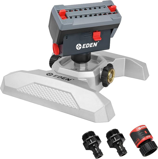 Eden 94127 Metal Adjustable 4-Way Mini Turbo Oscillating Sprinkler W/Quick Connect Starter Set, 20 Nozzle, Covers up to 3,800 sq. ft