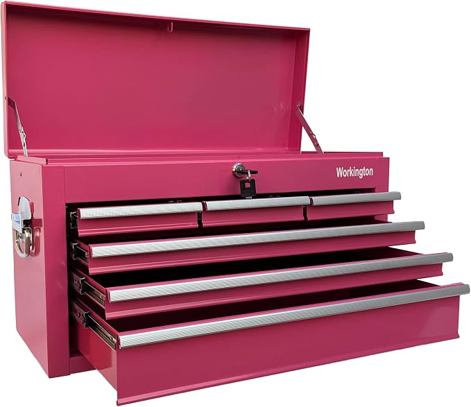 Workington Portable Metal Tool Chest with 6 Drawers, 24" 6-Drawer Tool Chest Cabinet with Ball Bearing Drawer Slides, Steel Tool Storage Box Organizer 4005 Pink