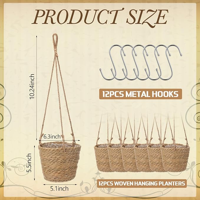12 Pcs Seagrass Hanging Planter Basket Hand Woven Plant Basket with Plastic Liners Hanging Plant Holder Storage Containers with Cotton Rope for Indoor Garden Decor (Small,Brown)