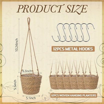 12 Pcs Seagrass Hanging Planter Basket Hand Woven Plant Basket with Plastic Liners Hanging Plant Holder Storage Containers with Cotton Rope for Indoor Garden Decor (Small,Brown)