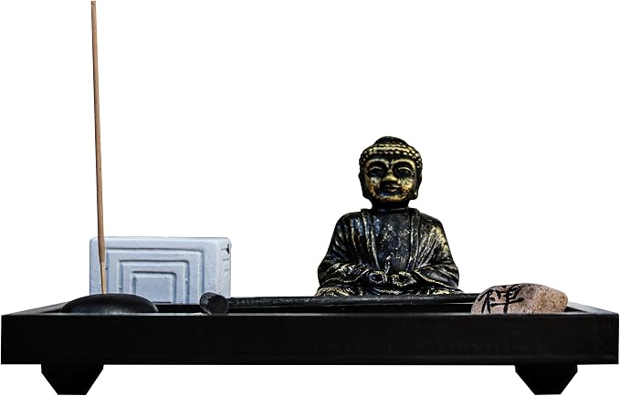 Basic Fundamentals Zen Garden Deluxe Desk Meditation Garden Buddha Statue with Tea Light Holder, Incense Holder, Incense, Rocks, Sand, and Rake (Candle Not Included)