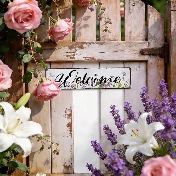 Garden Metal Tin Sign, Floral Watercolor Welcome Sign, Vintage Farmhouse Outdoor Wall Decor, for Porch Patio Fence Door Garden Entryway, Gift for Gardening Lover, 15.7 x 3.9 Inches