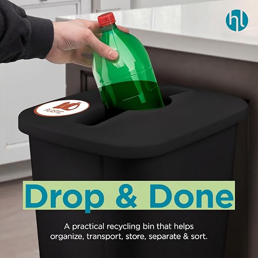 Home Logic Recycling Bin System, 3 Pack Waste Sorting Containers with Stickers, Plastic Trash Cans for Kitchen Garage Home Recycling Organization, 13 Gallon, Black