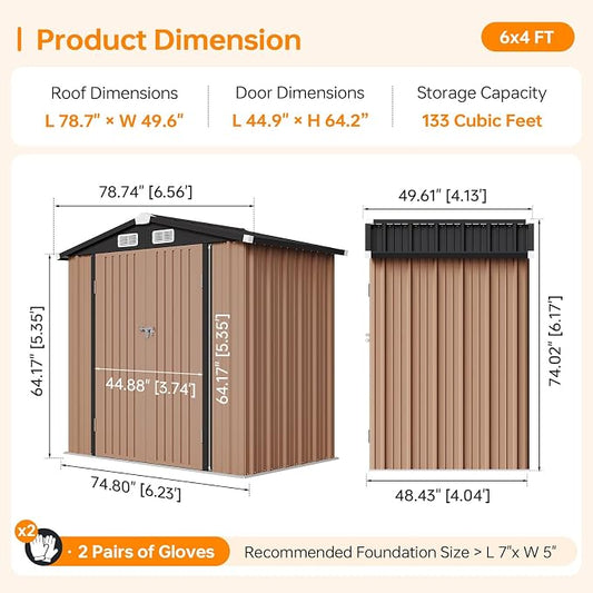 6x4FT Outdoor Storage Shed Brown | Metal Garden Tool Shed with Sloping Roof & Lockable Door for Garden, Patio, Backyard