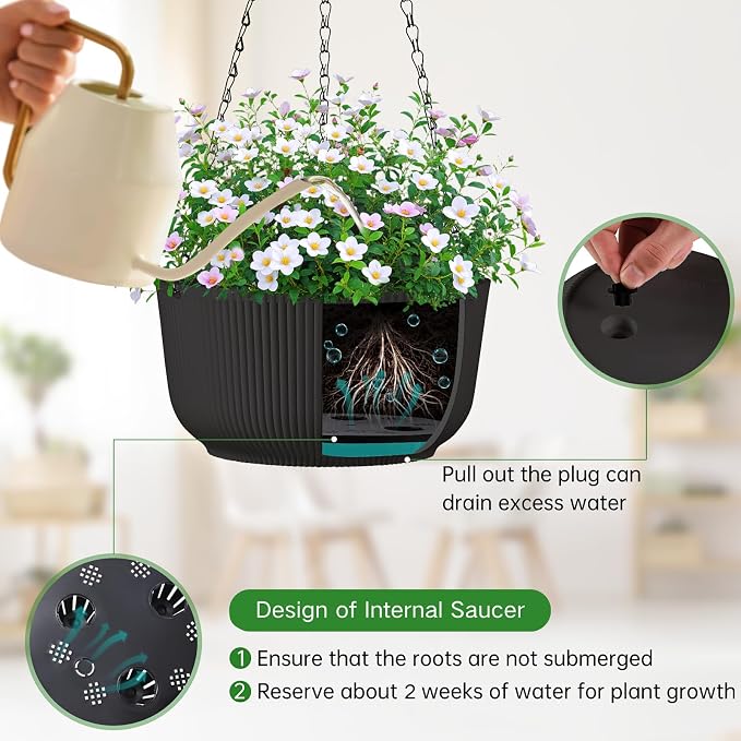 12 Inch Large Hanging Pots for Indoor Outdoor Plants Set of 2 | Self-Watering Hanging Planters with Internal Saucers, Drainage Holes & Plugs (Hooks)