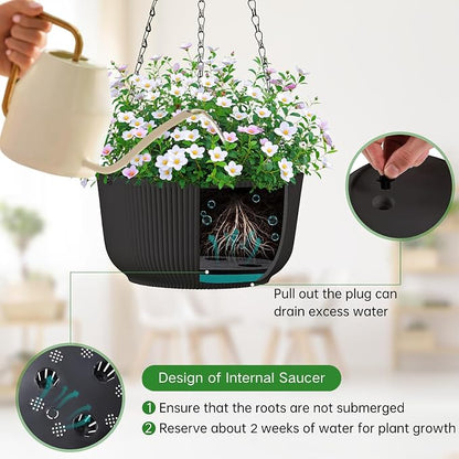12 Inch Large Hanging Pots for Indoor Outdoor Plants Set of 2 | Self-Watering Hanging Planters with Internal Saucers, Drainage Holes & Plugs (Hooks)