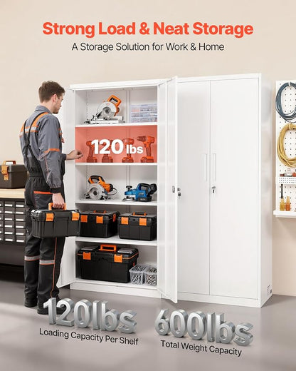 VEVOR Metal Storage Cabinet, Lockable Steel Garage Cabinet with Adjustable Shelves, 2 Magnetic Doors, 2 Keys, 5-Tiers Tool Storage Locker for Home, Office, School, Warehouse, Basement, Laundry, White
