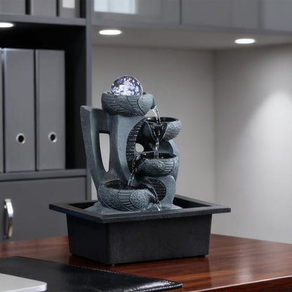 Indoor Tabletop Waterfall Fountain with Spining Orb for Home Office Desk, Gray Rock Resin Zen Water Feature with Soothing Sound for Relaxation & Meditation