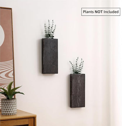 Wood Wall Planter Set of 2, Wood Wall Pocket for Greenery and Dried Flowers, Indoor Wood Hanging Vase Modern Farmhouse Wall Decor for Living Room Bedroom Office Eucalyptus Stems Decorations (Expresso)