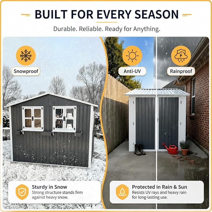 6x9 FT Outdoor Storage Shed with 2 Clear Openable Windows,Waterproof Metal Building Backyard Shed w/Windowsill & Garden Bed Flower Rack,Lockable Double Doors Tool Shed,for Yard,Coal Gray