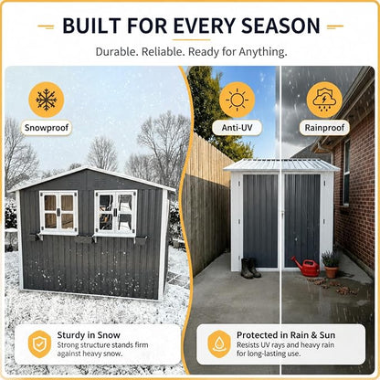 6x9 FT Outdoor Storage Shed with 2 Clear Openable Windows,Waterproof Metal Building Backyard Shed w/Windowsill & Garden Bed Flower Rack,Lockable Double Doors Tool Shed,for Yard,Coal Gray