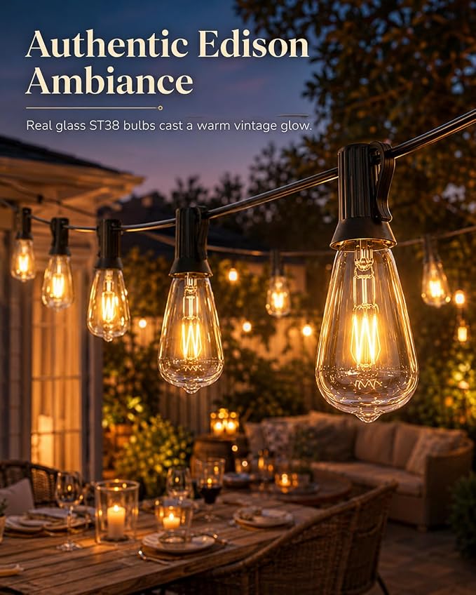 10FT ST38 Outdoor Edison String Lights with11 Clear Vintage Light Bulbs | Clear Glass ST38 Bulbs, Warm Vintage Glow, E12 base, UL-listed cord and End-to-End Connection for Porch Patio Decor