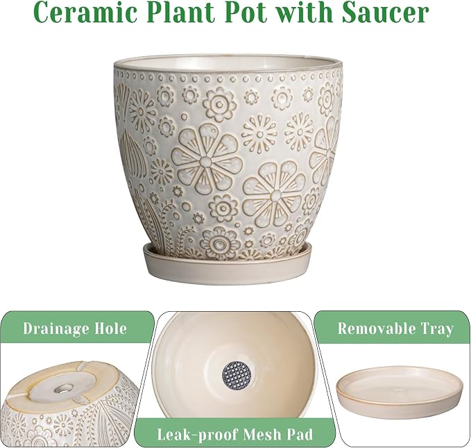 MPotTo 6.9 Inch Plant Pot with Drainage Hole and Saucer Ceramic Planter for Indoor Plant Flower Pot for Orchid Succulents Plants White