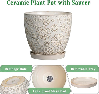 MPotTo 6.9 Inch Plant Pot with Drainage Hole and Saucer Ceramic Planter for Indoor Plant Flower Pot for Orchid Succulents Plants White