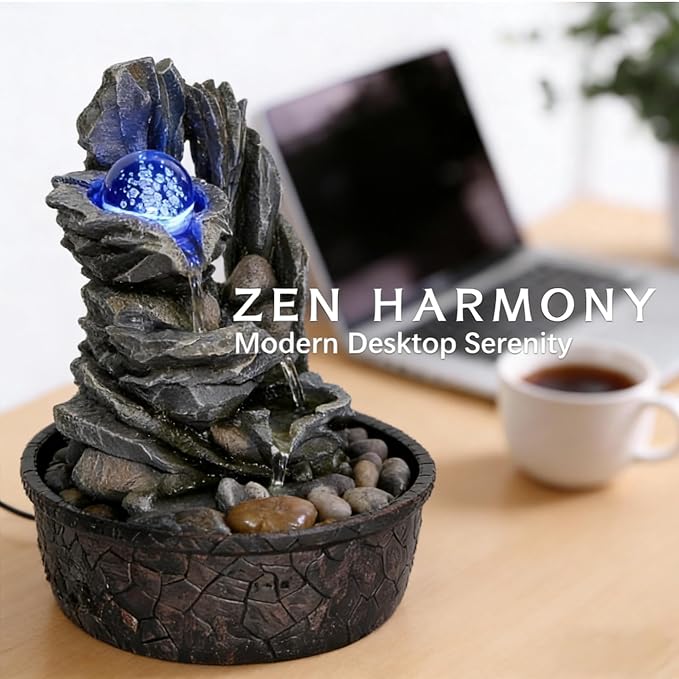 Three Bowls with Rotating Ball Flowing Tabletop Fountain Home Décor Indoor Decor Waterfall Sound Zen Mini Fountain Multicolor LED Light