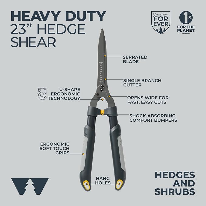 Woodland Tools Heavy Duty Hedge Shears, 23 Inch Manual Hedge Clippers with 10 Inch Lever-Assist Blades and Non Stick Coating, Branch Trimmer for Dense Shrubs and Overgrown Hedges