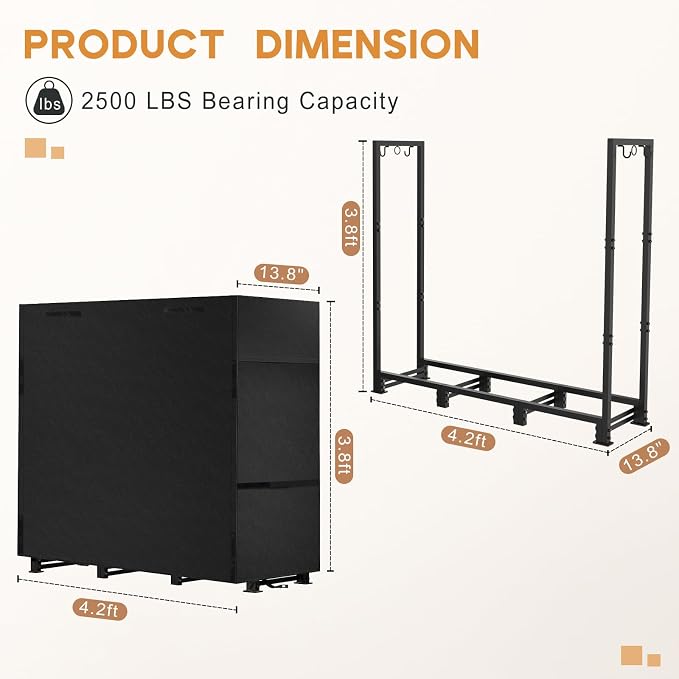 4ft Firewood Rack Outdoor with Waterproof Widened Cover, Heavy Duty Firewood Holder, Powder-coated Wood Rack with Hooks, Firewood Storage Rack for Fireplace Deck Patio