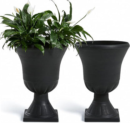 Worth Garden 2-Pack Plastic Urn Planters for Outdoor Plants, 22'' Black Tall Round Classic Resin Traditional Flower Pots - 15 in. Dia Large Imitation Stone Decorative Pot Patio Deck Front Porch