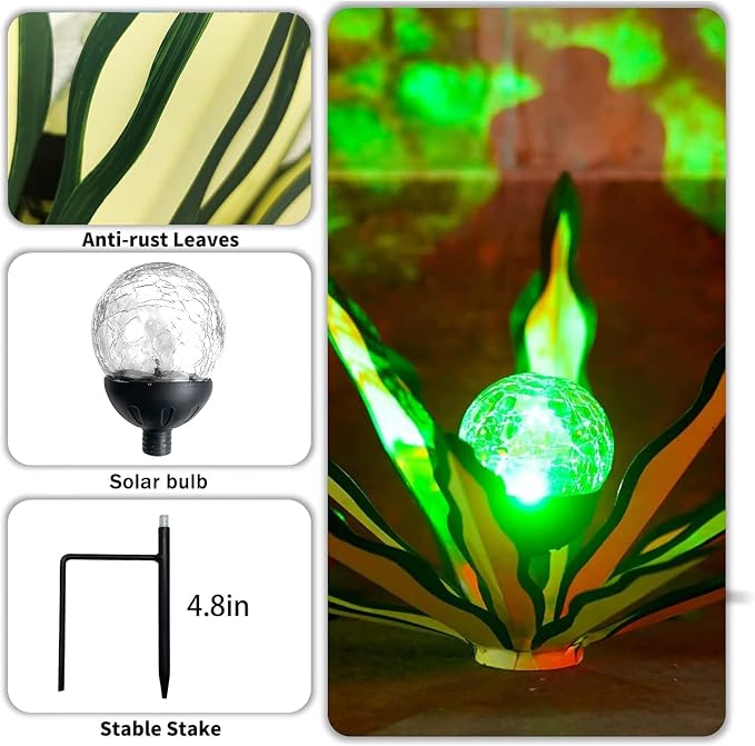 Metal Agave Plant Garden Art, 2 Pack Tequila Rustic Sculpture, Rustic Metal Agave Plants Garden Lawn Home Ornaments, for Yard Stakes, Garden Figurines, Outdoor Patio (2 PCS Green with Light)