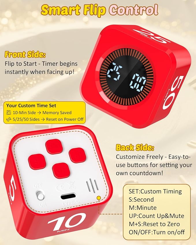 Digital Pomodoro Timer Cube 5/10/25/50min, Visual Productivity Flip Timer for Kids Classroom Desk, Custom Countdown, Silent and Sound Mode for ADHD Study Work Game Kitchen (Red)