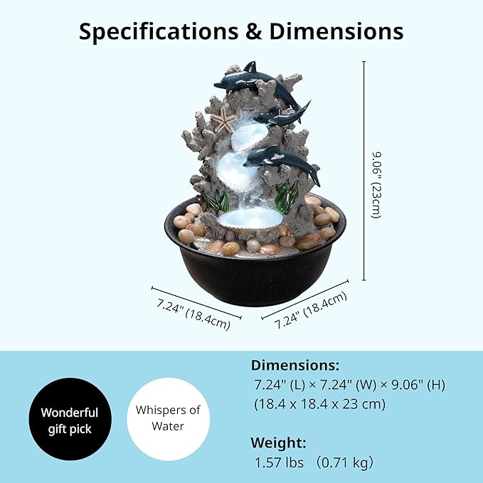 Indoor Tabletop Dolphin Water Fountain with LED Light – Ocean Theme Desk Decor and River Rocks, Relaxing Sound Machine for Sleep & Office, Zen Home Décor Gift for Women, Living Room Decoration