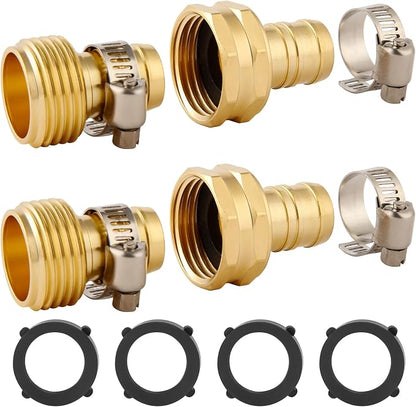 2 Set Brass Garden Hose Repair Connector Kit with Clamps, Fit for 5/8" Garden Hose Fitting,5/8'' Barb x 3/4'' GHT Garden Hose Adapter/Fittings, Water Hose Repair Kit