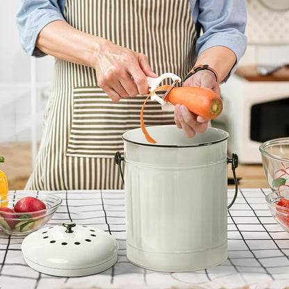 Plexon Kitchen Compost Bin Indoor with Lid, Off-White 1.5 Gallon Odorless Container, Steel Food Compost Bucket for Kitchen with Charcoal Filter, Compost Pail Countertop