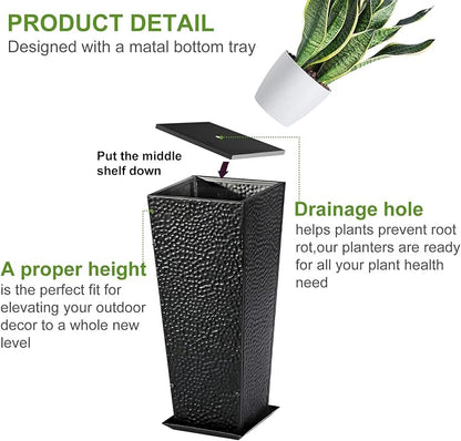 BAYN 2-Pack 24" Tall Metal Planter – Hand-Hammered Textured Large Black Flower Pots Box with Saucer for Outdoor&Indoor, Garden, Porch, Patio, Yard with Pre-Drilled Drainage Holes