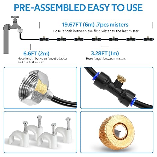 HOMENOTE Misting Cooling System, 26FT (8M) Misting Line + 7 Brass Mist Nozzles + Brass Adapter(3/4") Outdoor Mister for Patio Backyard Garden Greenhouse