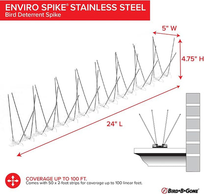 Bird B Gone - Pre-Assembled EnviroSpike Stainless Steel Anti Bird Spikes (100') - UV-Stabilized Polycarbonate Base - Humane Deterrent - Stops Pigeons & Birds from Roosting On Rooftops, Ledges, Fences