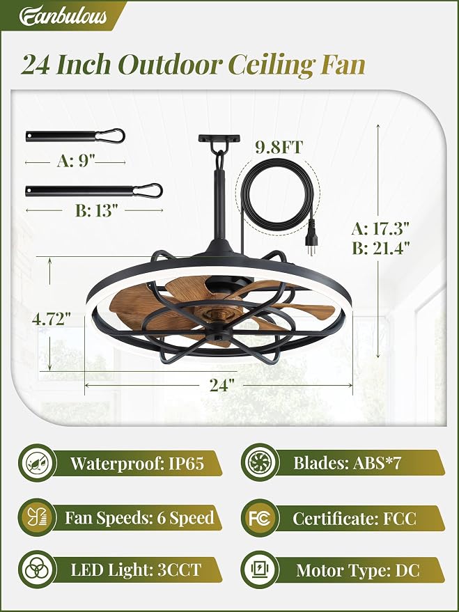 Fanbulous Outdoor Ceiling Fans with Light for Patios, 24" Weatherproof Plug in Ceiling Fan, Gazebo Fan Remote&APP Control, 3CCT Dimmable, Caged Ceiling Fan with Hanging Hook for Porch, Pergola, Canopy